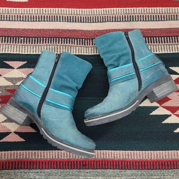 Dromedaris Kikka Teal Leather Ankle Booties Sz 37 US 6.5-7 Steampunk Pirate Boho - Picture 4 of 9